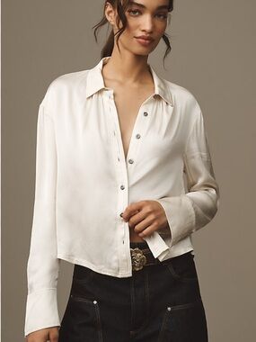 Pilcro Cream Button-Down Satin Blouse.